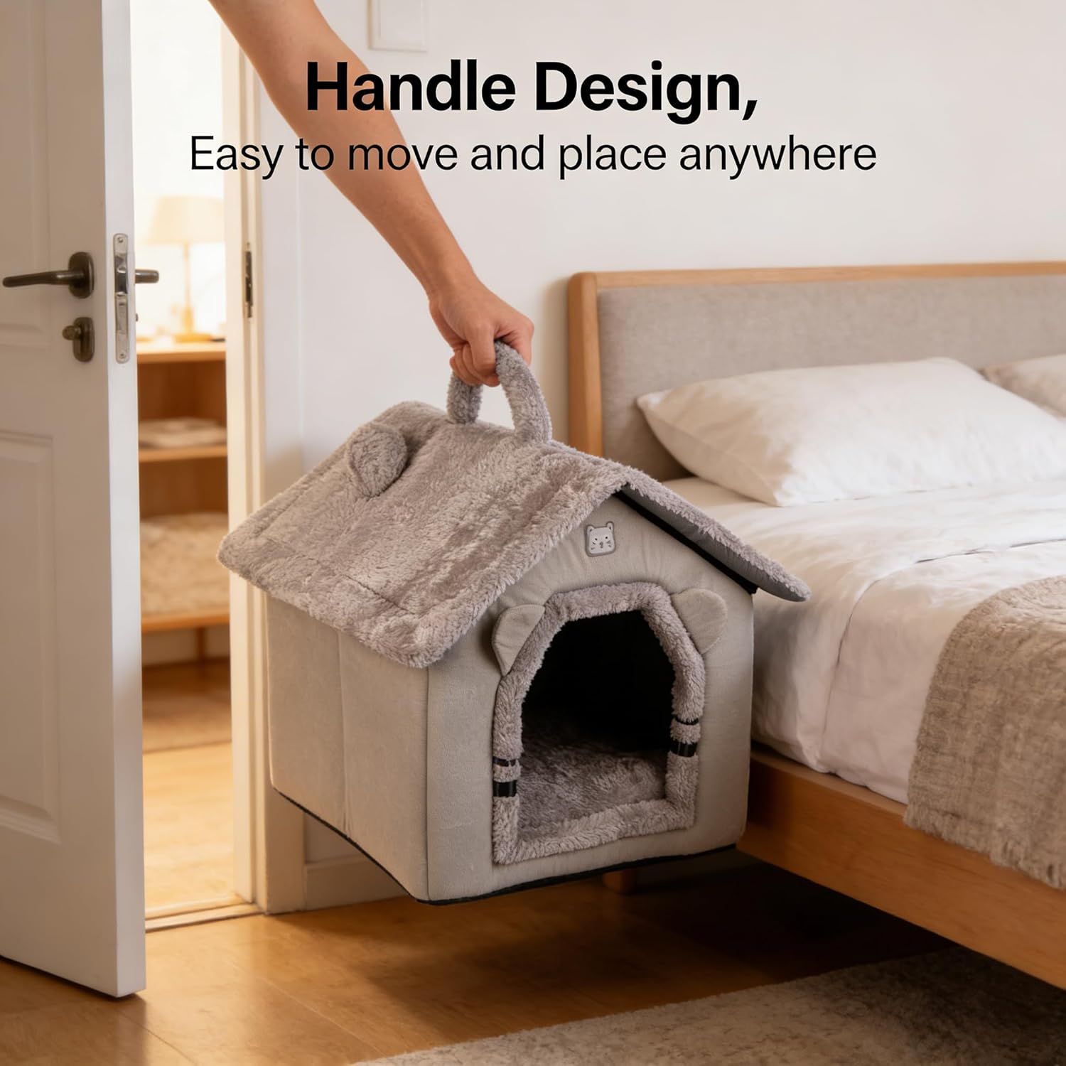 Lovely Cat Bed for Indoor Cats, Cartoon Pattern Cat Cave Bed with Handle Design, Soft Cat Hideaway Indoor Cat House for Kitten, Puppy & Small Pets (L)