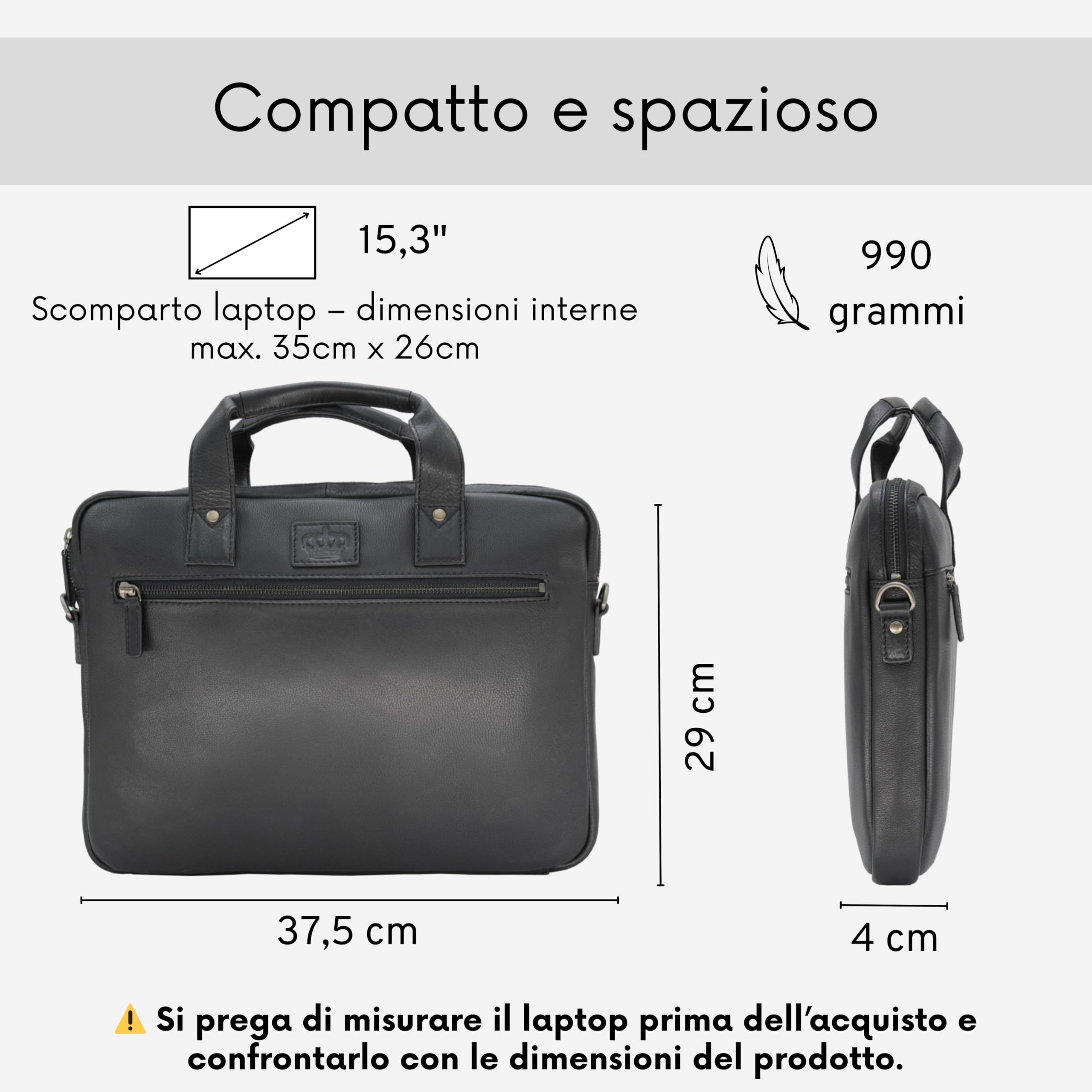 Baur Borsa in vera pelle | Borsa per computer portatile fino a 15,3 pollici | Borsa da lavoro fatta a mano | Borsa a tracolla con nastro rimovibile