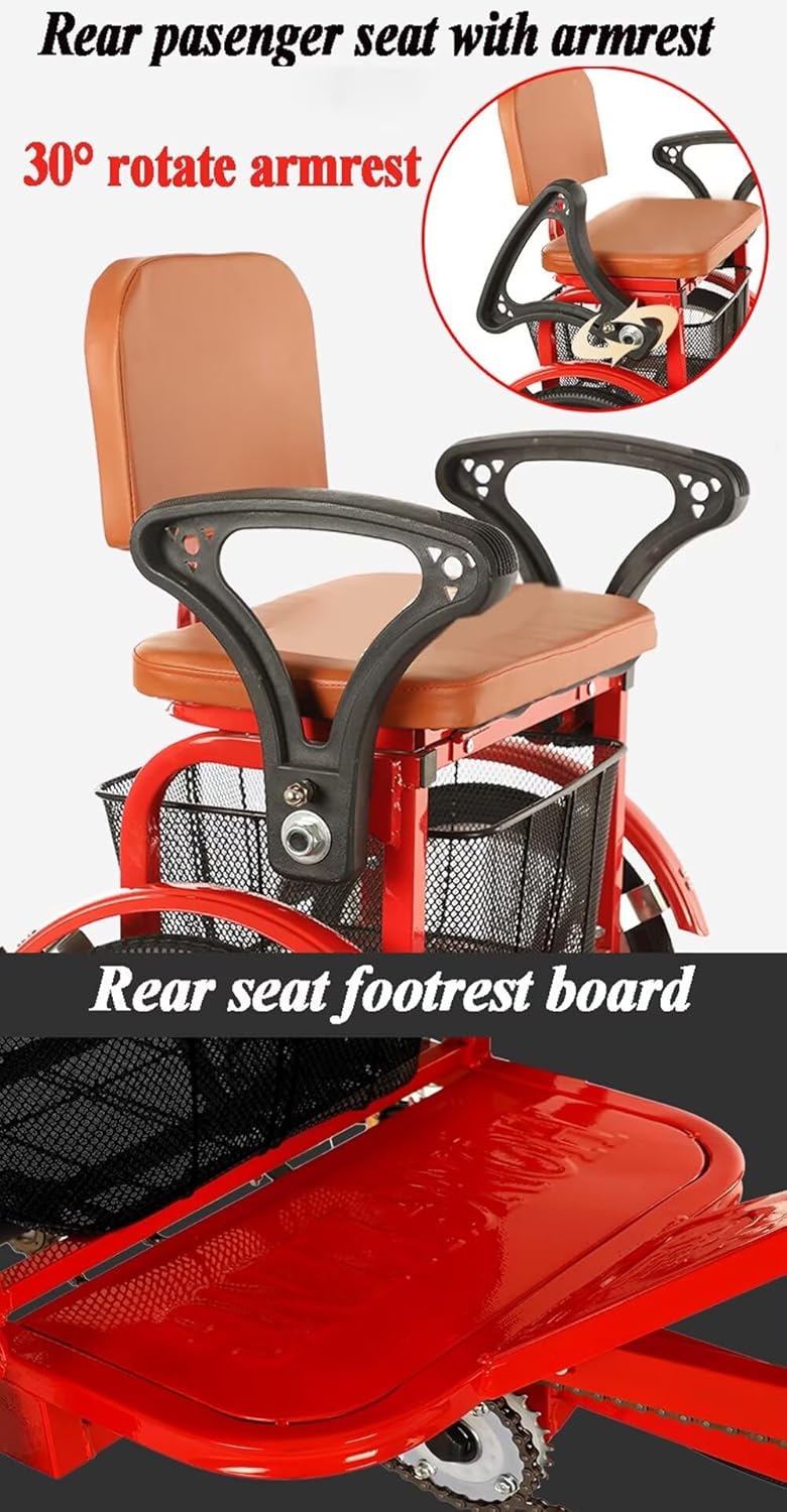 Outdoor Bikes with Passenger seat,Elderly Adult Scooter Tricycle with Sensitive Brake,Leisure Shopping cart Rickshaw Pedal Bicycle,Tandem Tricycle (Black Rear seat)