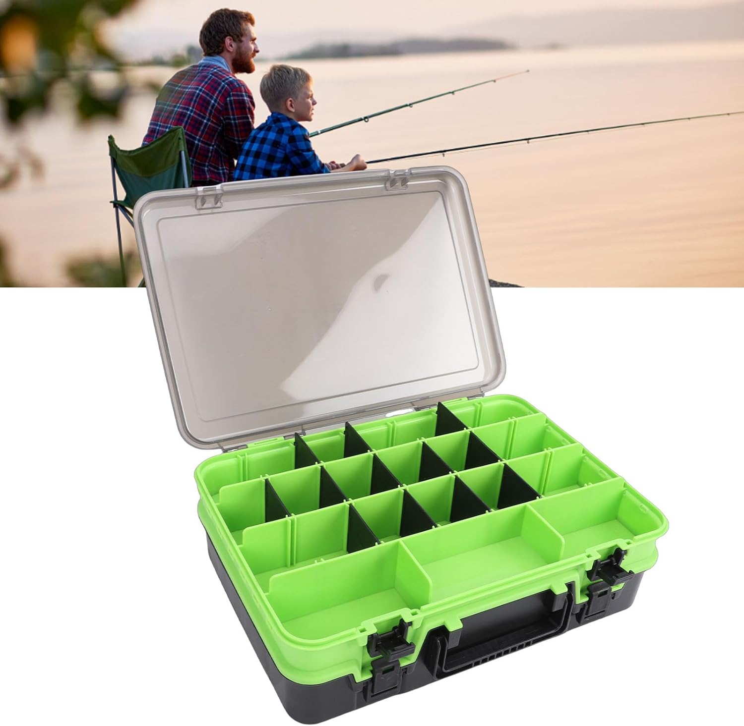 Fishing Tackle Box, Double Layer Storage Case with Handle Large Capacity 14.96 Inch Fishing Organizer for Reels Lures Pliers