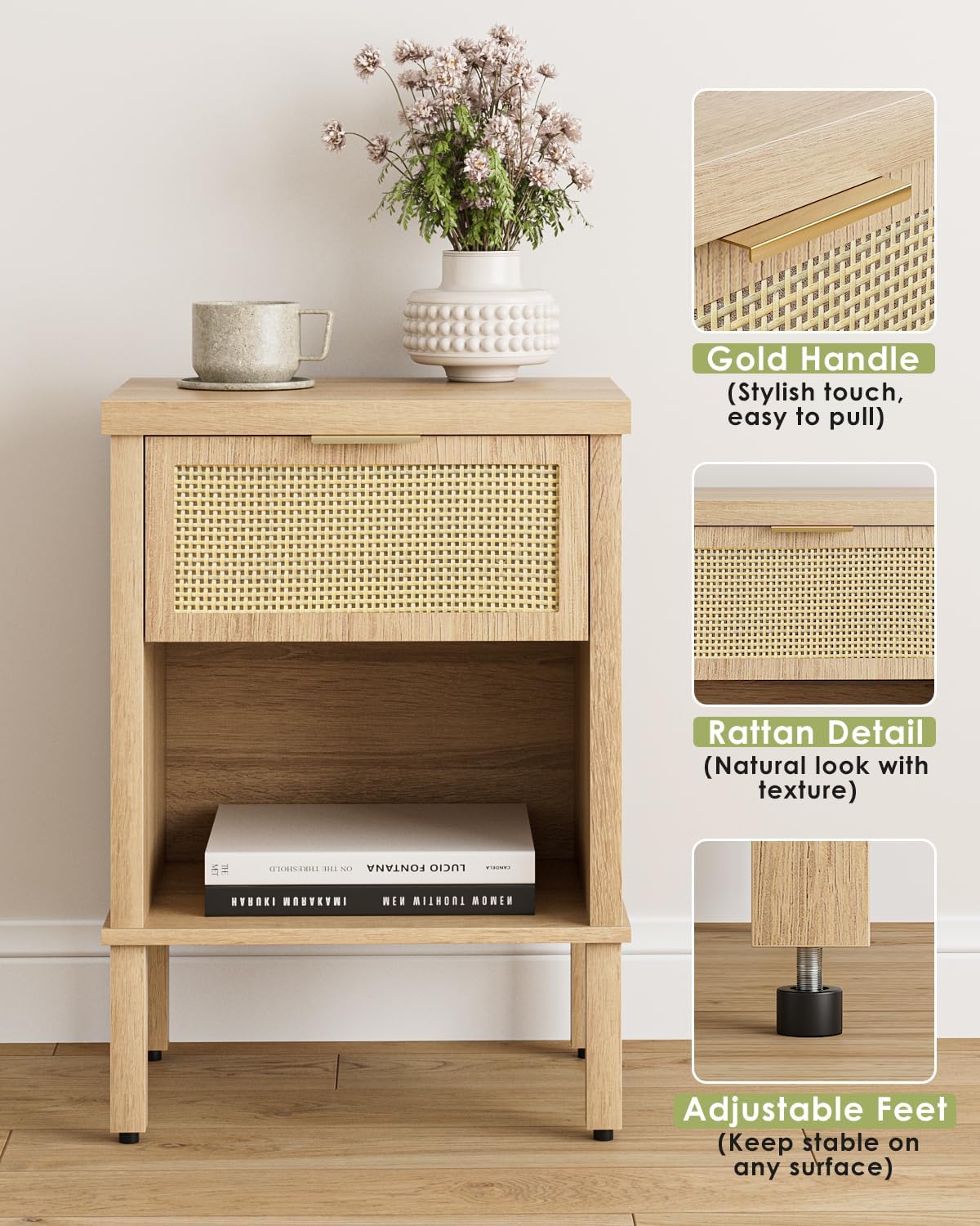 Rattan Nightstand with Drawer and Open Shelf, Boho Side Table with Gold Handle, Small Night Stand, Modern Bedside Table for Bedroom, Living Room, Light Wood - Image 4