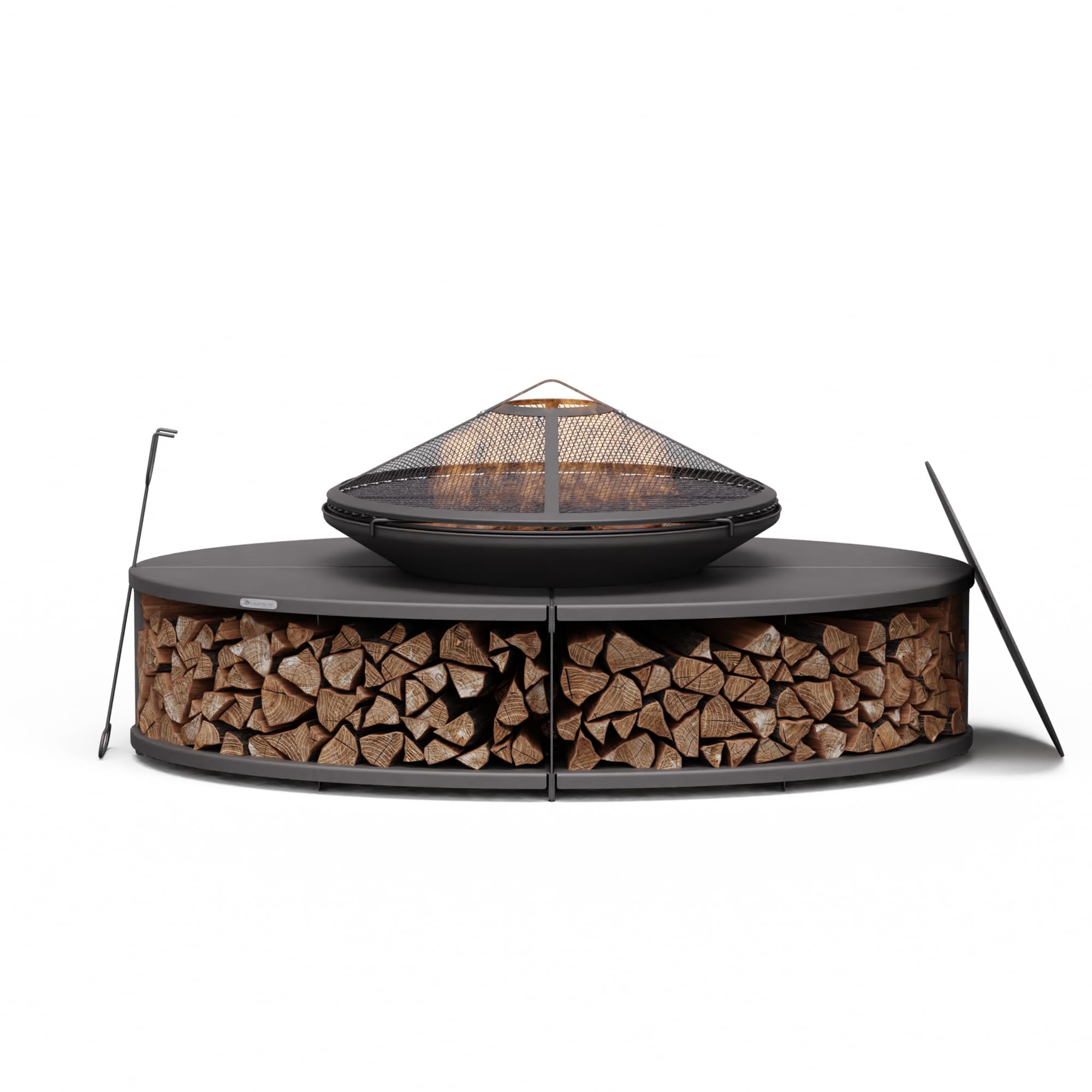 Blumfeldt Ebeko Brasero Exterieur - Barbecue & Table, 3-en-1 Brasero en Acier Durable, Pare-Étincelles & Tisonnier Inclus, Rangement Bûches, Housse Imperméable, Idéal Jardin & Terrasse
