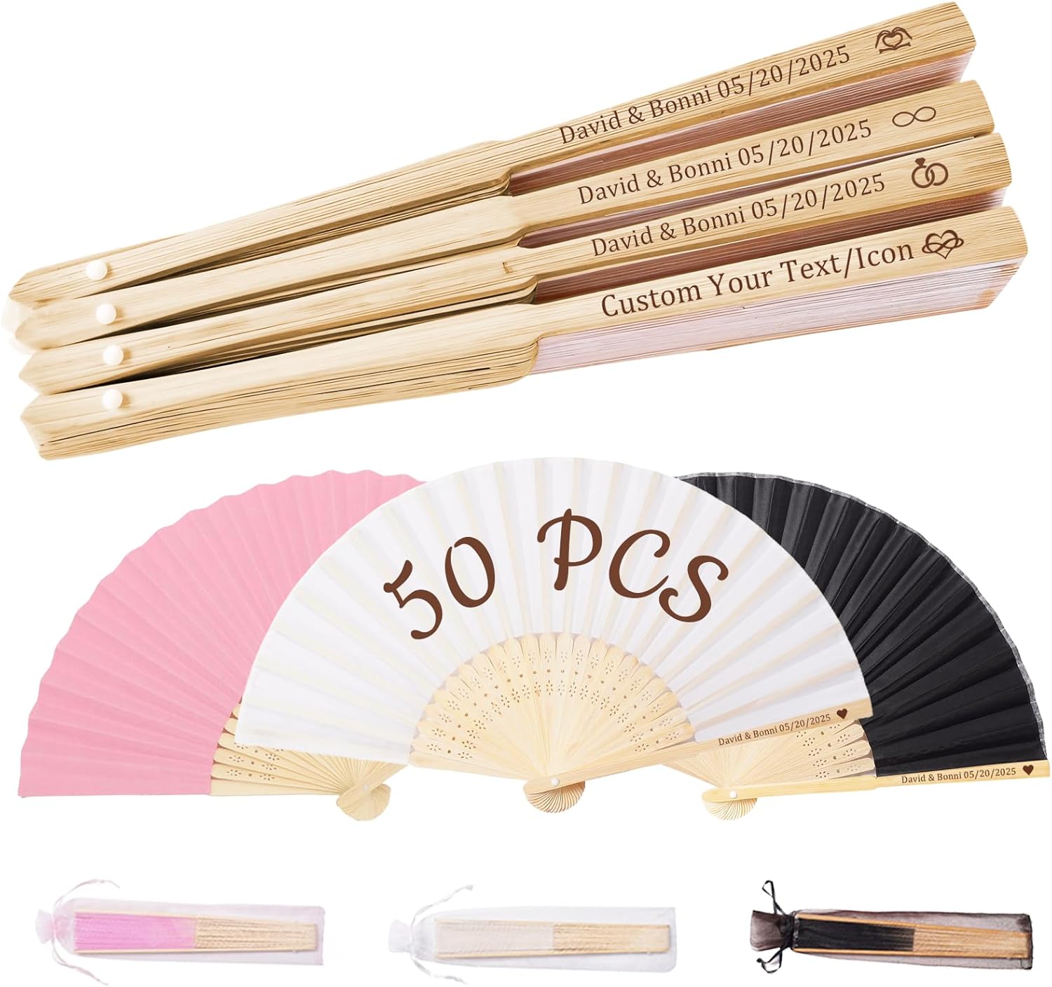 HJX 100Pcs Personalized Wedding Fans for Guests Custom Engraved Silk Folding Hand Fans for Line Dancing Bulk Party Favors