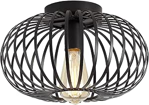 Modern Black Flush Mount Light Fixture Industrial Metal Cage Semi Flush Mount Ceiling Light for Hallway Living Room Kitchen Entryway Farmhouse