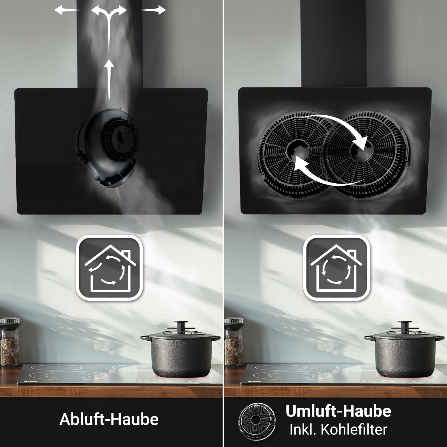 KKT KOLBE Dunstabzugshaube 60cm Umluft Abluft 782cbm/h Wandhaube Kopffrei Schwarz Glas Gestensteuerung SensorTouch LED-Beleuchtung TRIO6025S