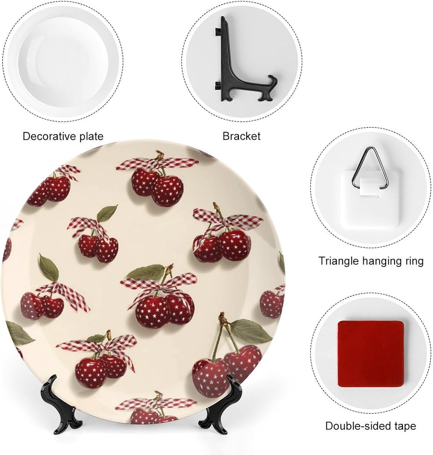 Cherry U.S. Flag Pattern Novelty Decorative Plate with Display Stand Ceramic Ornament Hanging Wall Decor