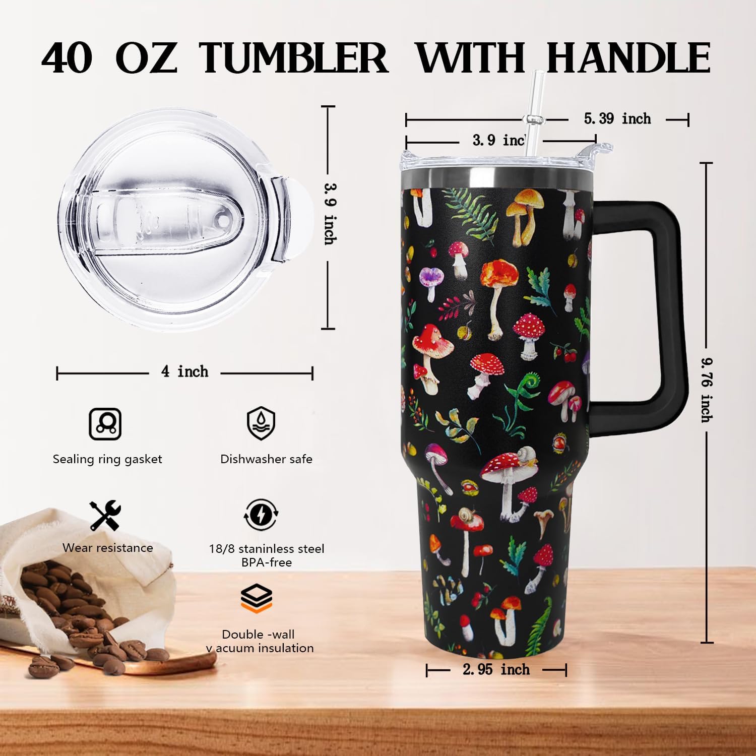 Ceovfoi 40 Oz Mushroom Tumbler With Handle,Mushroom Coffee Travel Mug Cup Water Bottle,Mushroom Decor,Mushroom Gifts for Women - Image 2