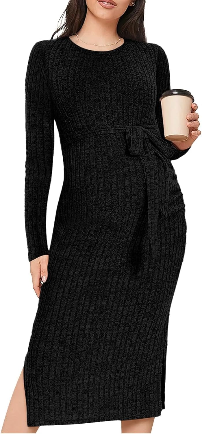 Crewneck Maternity Sweater Dress Rib Knit Long Sleeve Slit Pregnancy Dress Clothes with Belt
