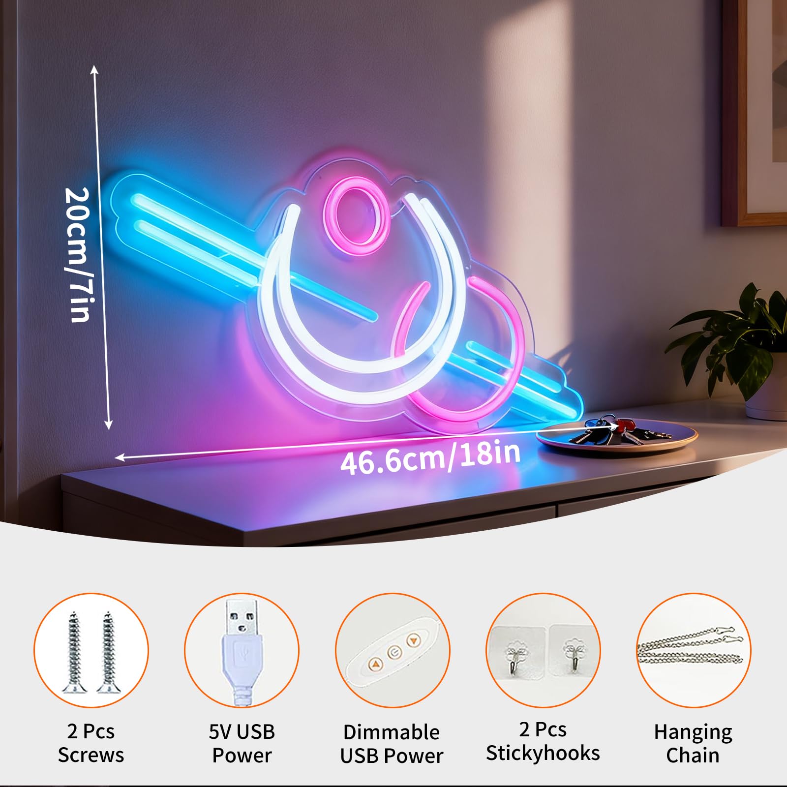 Letrero de neón LED rosa y blanco alimentado por USB, luz decorativa para el hogar, dormitorio, sala de estar, mesa de pared, decoración estética, 18.3 x 7.9 pulgadas