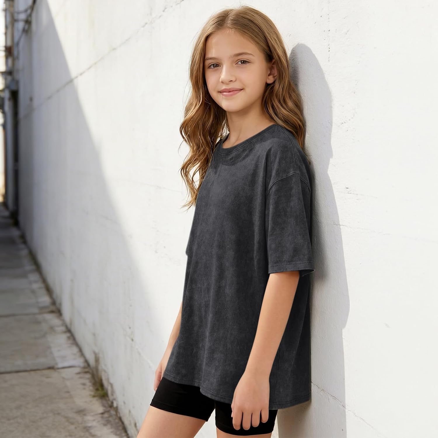 BINTEHGS Girls Oversized T Shirts Kids Cotton Tshirt Summer Short Sleeve Tops Kids Acid Wash Shirt Basic Crew Neck Tee