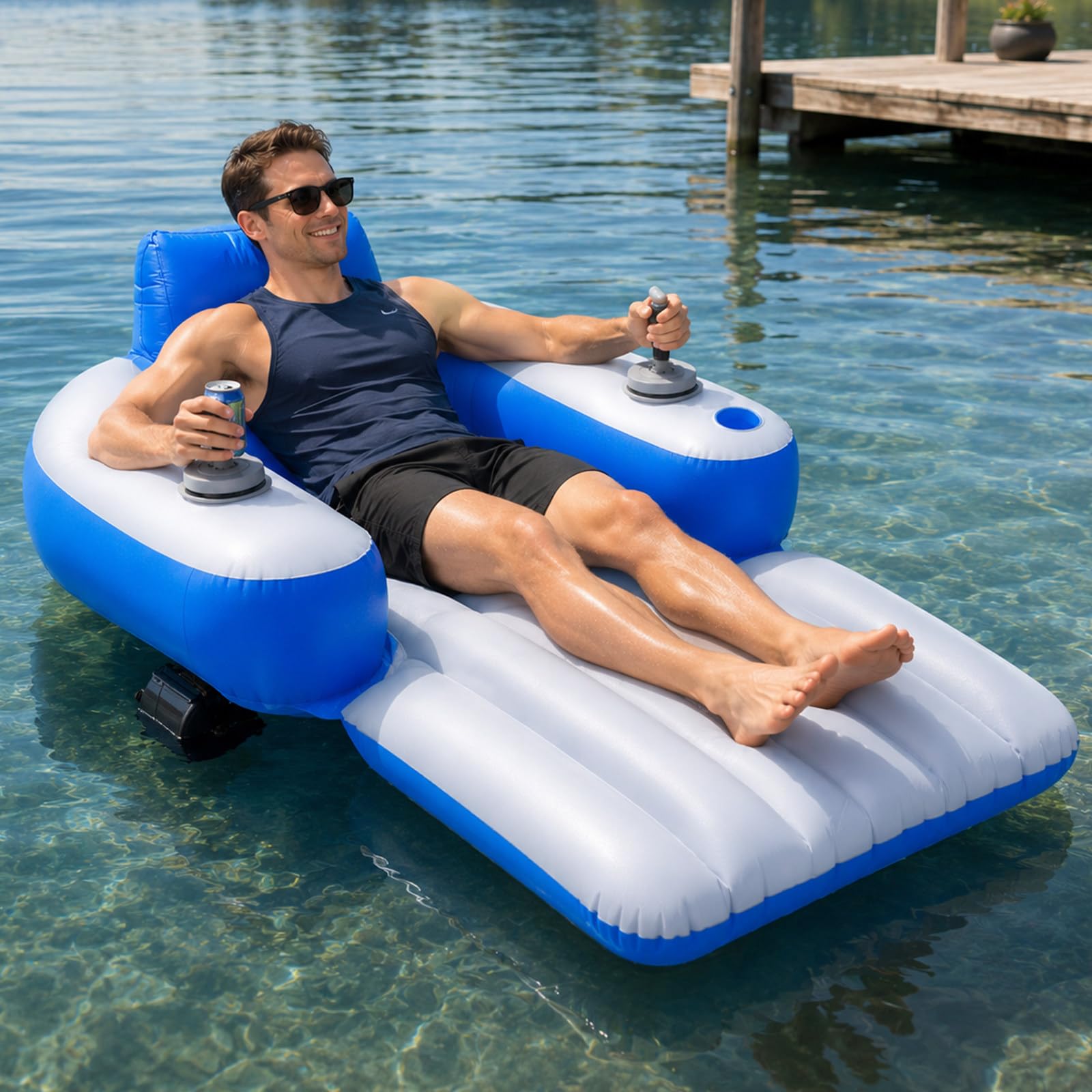 lilishangmao Electric Pool Lounger for Adults, Motorized Pool Float with Rechargeable 2600mAh Battery, 46W Thruster, 360° Steering, Handles and Cup Holder for Pools and Calm Lakes B