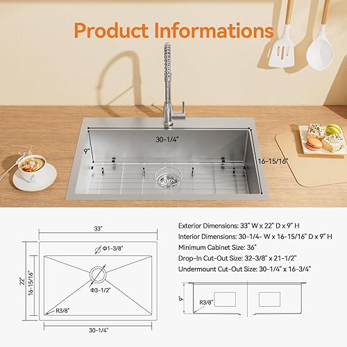 Miniatura 5 de Fregadero de cocina de 33 x 22 pulgadas, fregadero de cocina de un solo tazón con grifo extraíble, lavabo de acero inoxidable T-304 de calibre 18