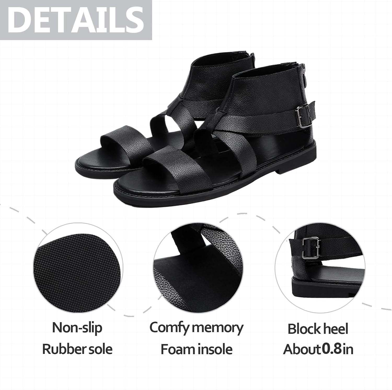Mens Leather Gladiator Flat Sandals Comfortable Adjustable Ankle Strap Buckle Easy On-Off Back Zip Non-Slip Roman Mid Top Greek Beach Sandals For Outdoor Walking