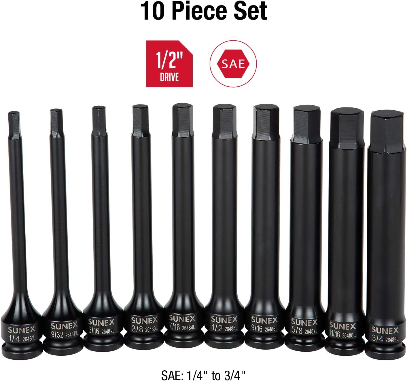 60% оƒƒ Dіѕсоunt Sunex 2638L, ½ Drive, 6 Long SAE Master Impact Hex Driver Set, 10Piece, 1/4 To 3/4, Cr-Mo Steel, Dual Size Markings, Heavy Duty Storage Case, Meets ANSI Standards