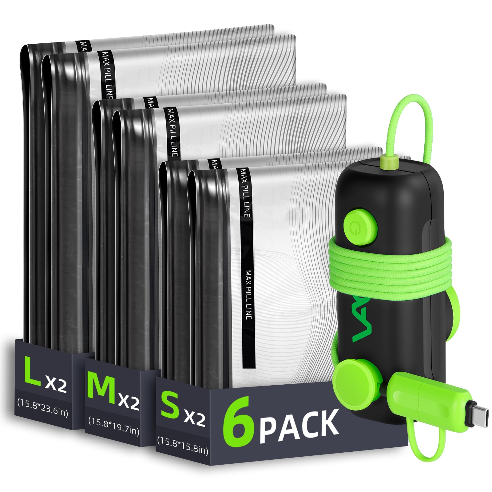 Vacuum Bags for Travel - USB Electric Pump 6 Pack Carry-on Size Vacuum Seal Bags for Clothing -