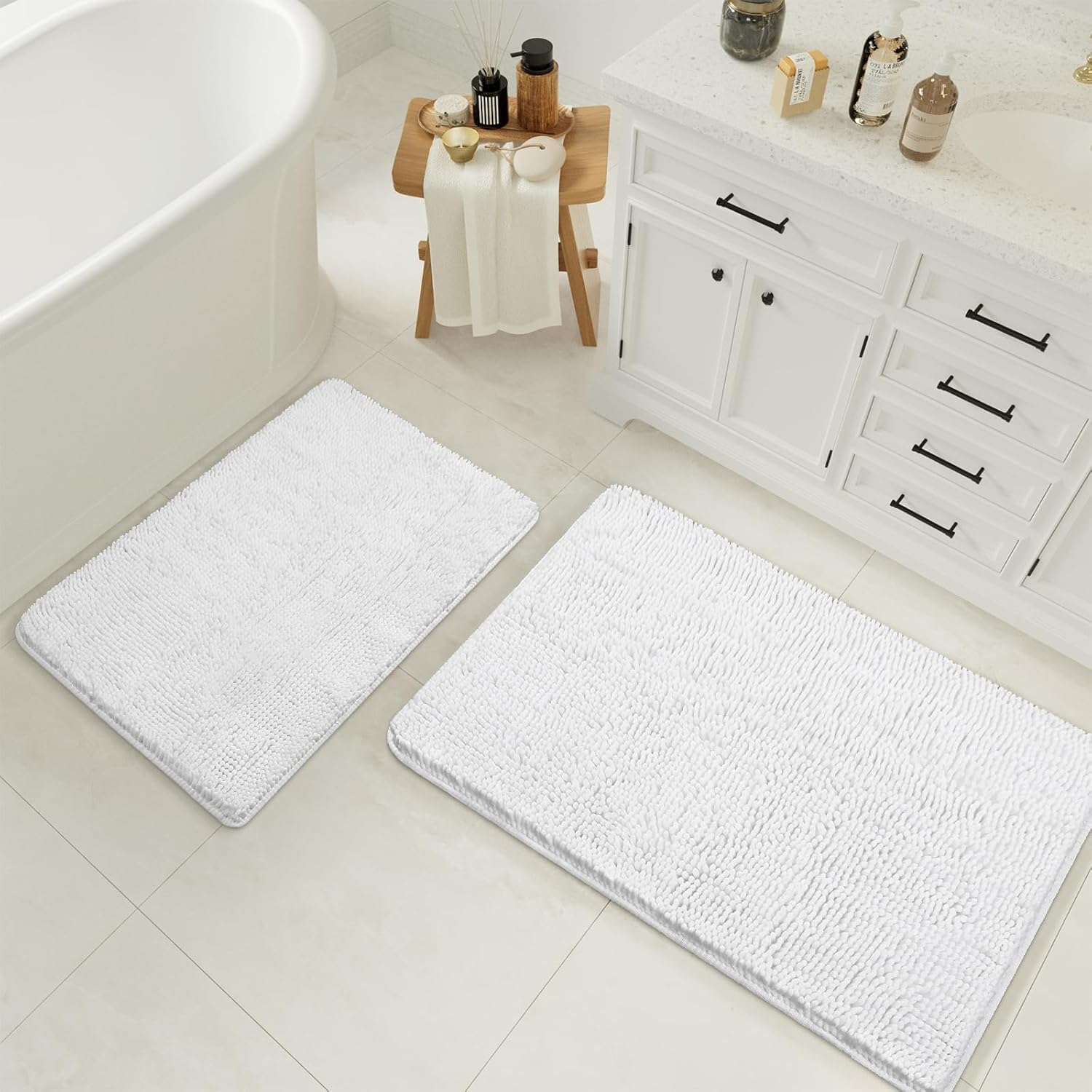 LOCHAS Bathroom Rugs Sets 2 Piece, 20 x 32 Plus 24 x 60 Inches Thick Non Slip Bath Rug Set, Absorbent Soft Chenille Bath Rug, Machine Washable Quick Dry Bath Mat for Bathroom Floor, White