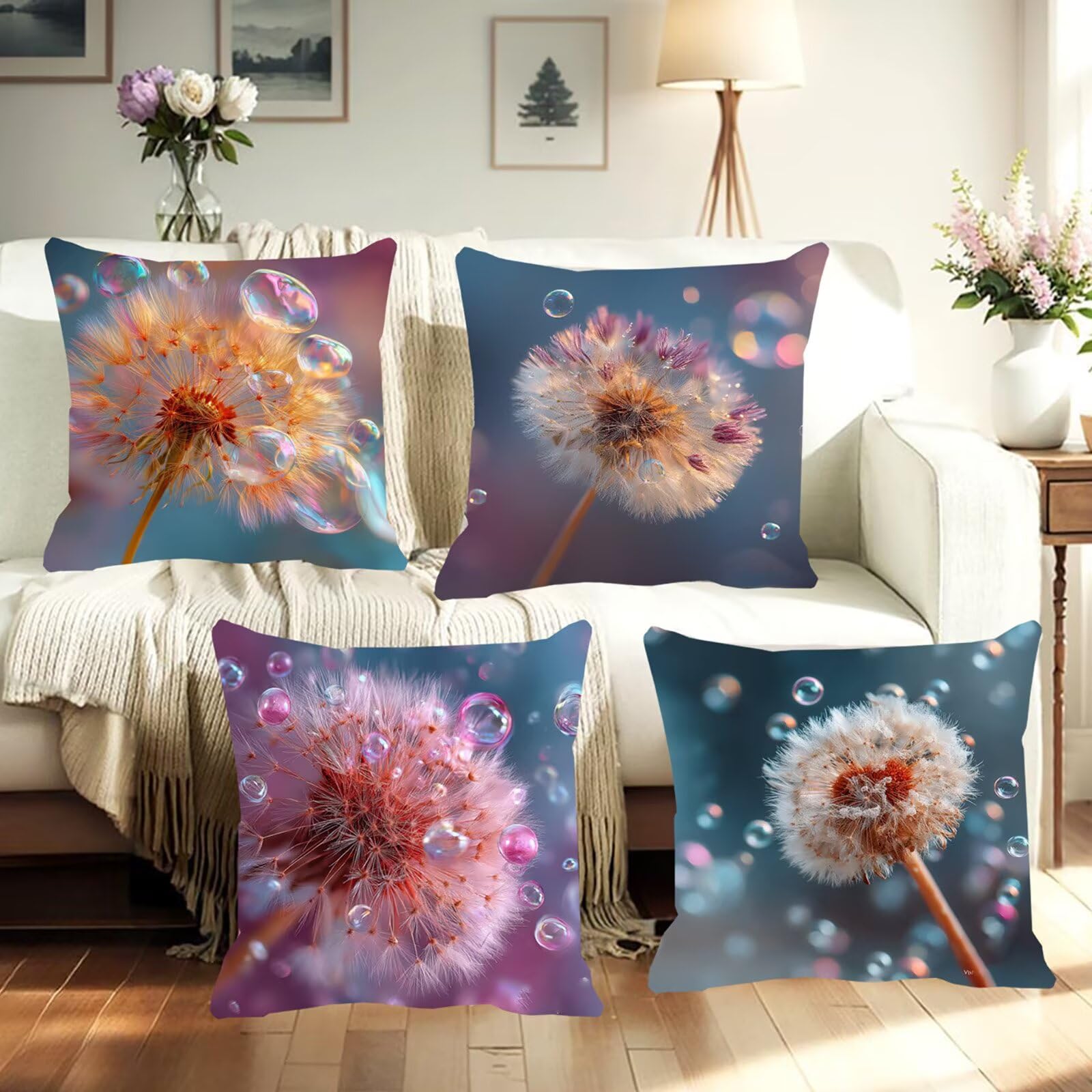 Kissenbezug 55x55 4er Set Samt Kissenhülle Dekorative Sofakissen Quadratische Dekokissen Zierkissenbezug Löwenzahn Kissenbezüge mit Verstecktem Reißverschluss für Wohnzimmer Sofa Blasen F0P-537