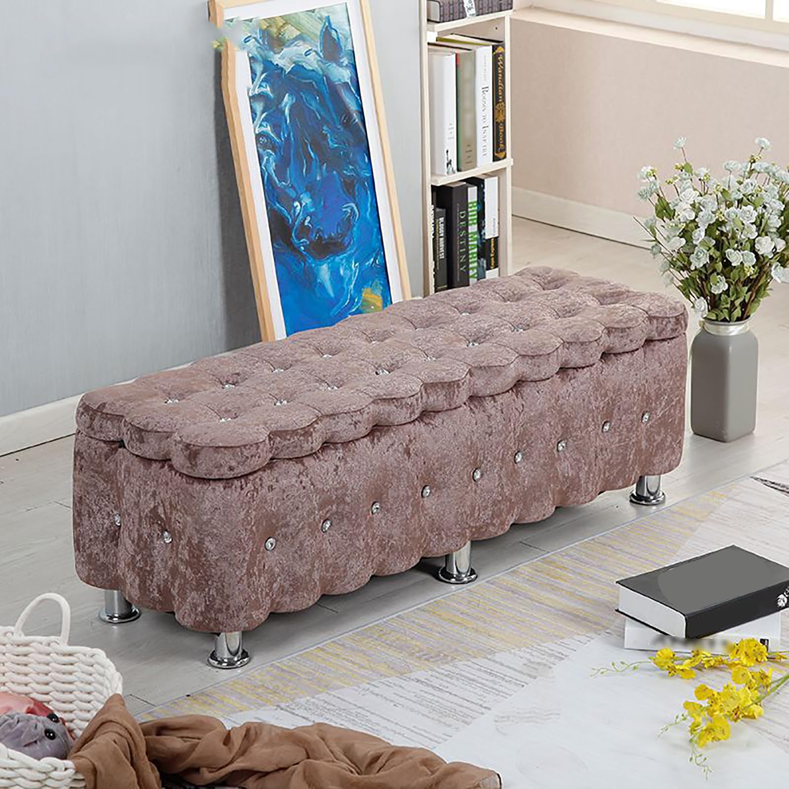Pouf de rangement velours confortable, banquette de rangement spacieuse pour l'entrée