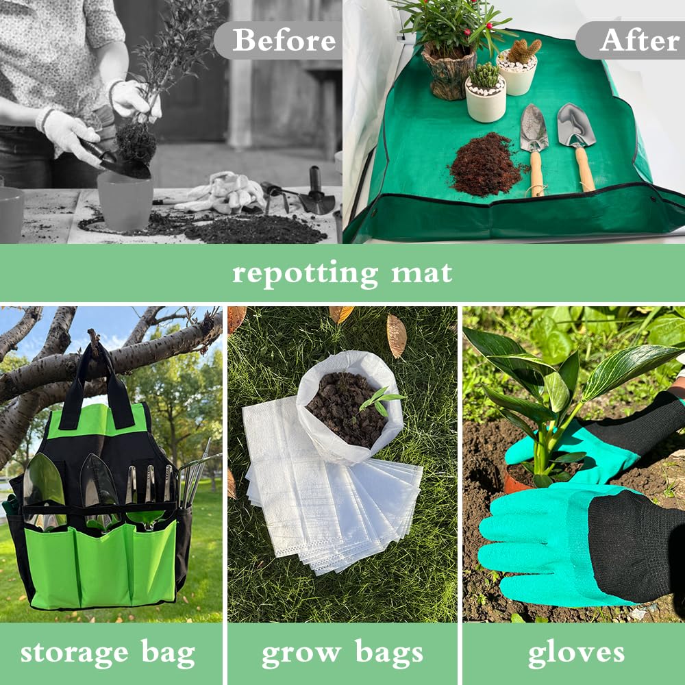 Juego de herramientas de jardín de 10 piezas, herramientas manuales de jardinería de acero inoxidable resistente con alfombrilla de trasplante y bolsas de cultivo, juego de herramientas de jardinería