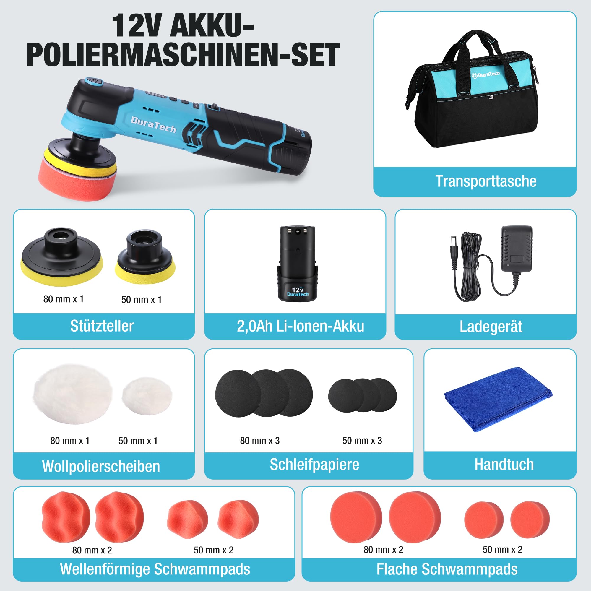 DURATECH Akku Poliermaschine 12V, Mini Auto Polierer 3000RPM mit 2,0Ah Batterie, Akkupolierer 50mm + 80mm Polierteller mit Zubehör und Aufbewahrungstasche für Auto, Möbeln, Metall