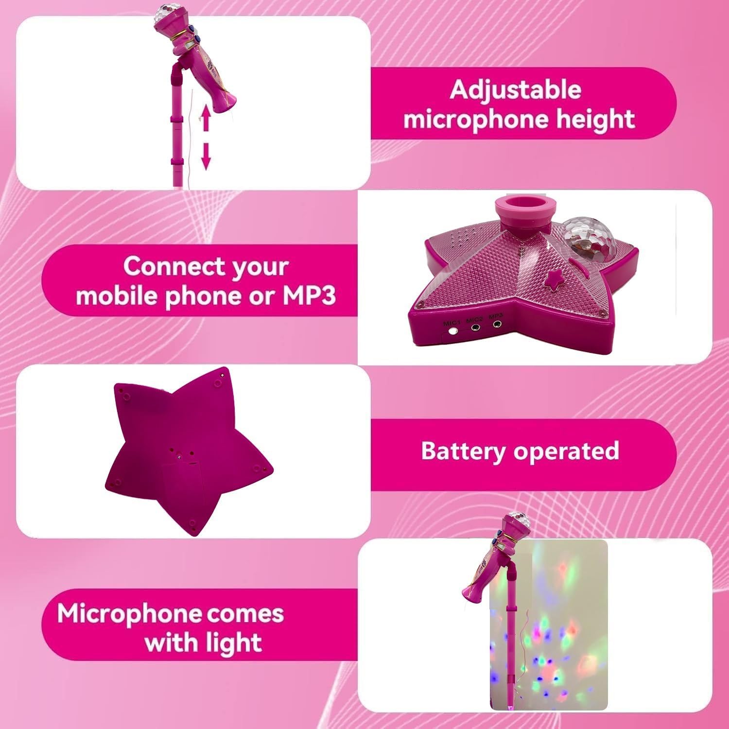 Kids Karaoke Machine with Adjustable Stand,Upgrade Kids Microphones for Singing Along with Rotational Flashing Stage Lights,Pedals Gift for 3+ Years Old Girls and Boys - Image 2