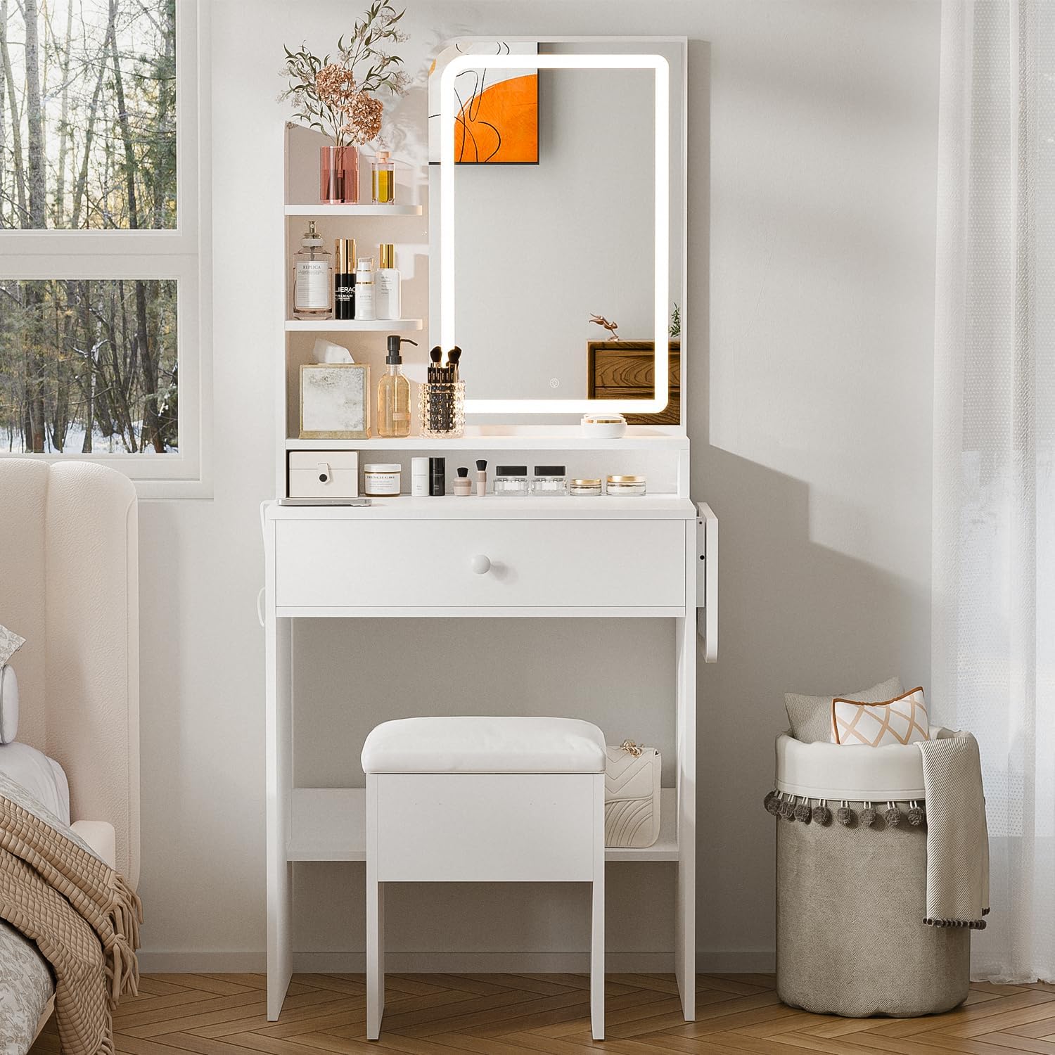 Haewon Small Vanity Desk with Mirror and Lights, White Makeup Vanity with Charging Station, Dressing Table Set with Storage Chair Drawer Shelves and Foldable Panel for Compact Space Bedroom