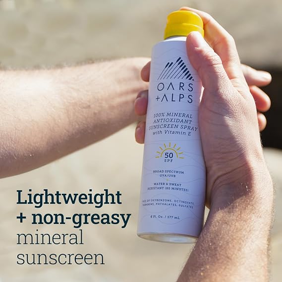 Oars + Alps Mineral Sunscreen Spray for Body, Water & Sweat Resistant, Infused with Vitamin E & Antioxidants, All Skin Types, Lightweight, Hydrating, SPF 50, 6oz