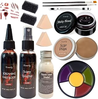 Halloween Makeup Kit, Special Effects SFX Kit, Bruise Makeup Face Body Painting Palette 6 color, Fake Blood Splatter Spray, Scar Wax, Liquid Latex, Coagulated Blood Gel,Sponges Spaula