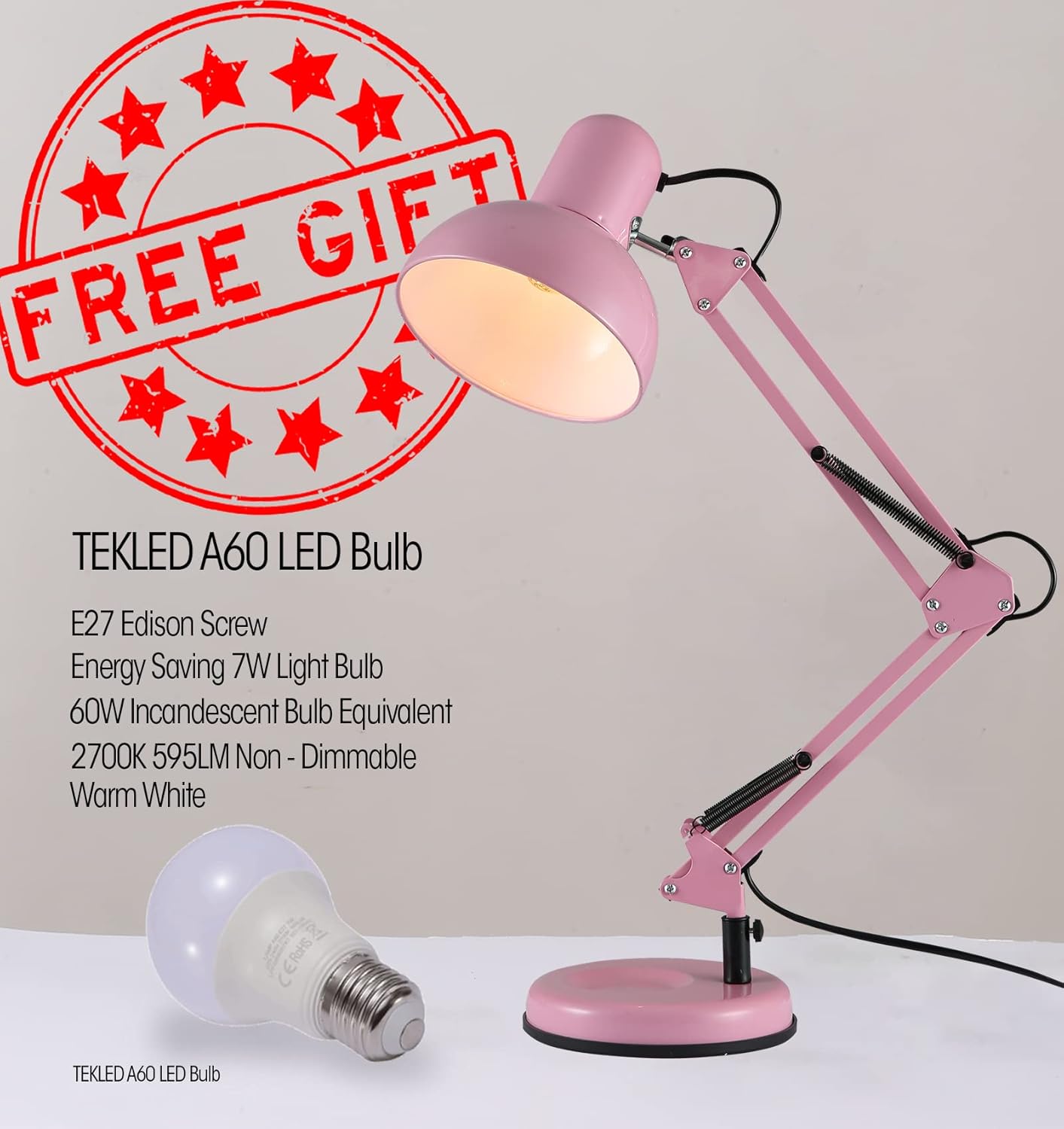 TEKLED® LED Desk Lamp Adjustable Swing Arm Replaceable E27 Edison
