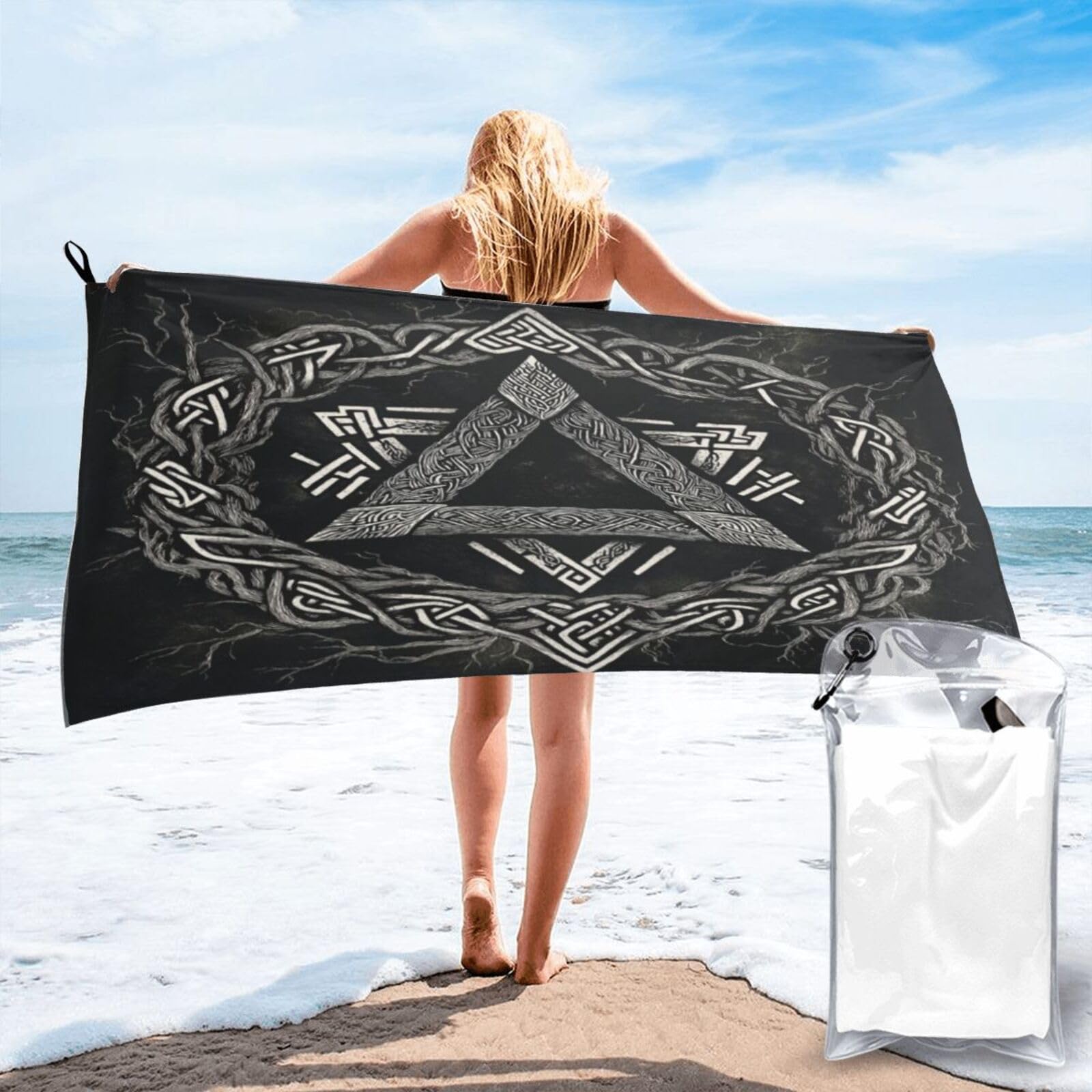 Anceky Mystical Celtic Triangle with Intricate Patterns Quick Dry Microfiber Travel Towel with Carry Case and Carabiner 27.5"X55"