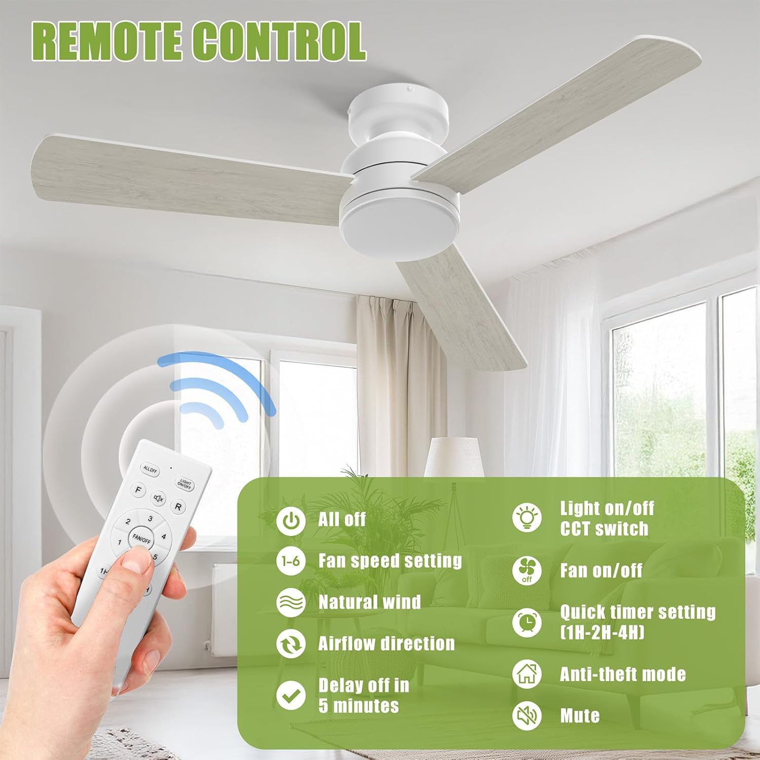 Ceiling Fans with Lights, 42" Modern Low Profile Ceiling Fan with Light and Remote Control, 3CCT, 6 Speeds Reversible DC Motor, Noiseless, White LED Ceiling Fan for Bedroom, Living, Indoor/Outdoor Use