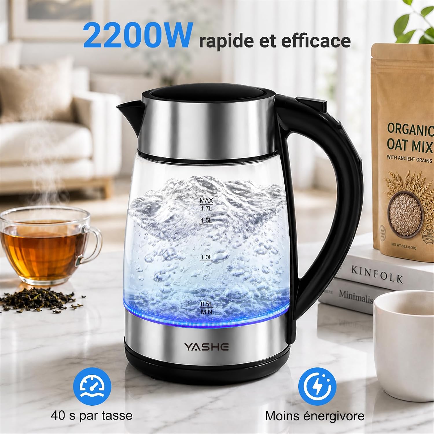 YASHE Glass Electric Kettle with Temperature Control 1.7L, 2200W Fast Boiling, 5 Color LED Indicator, 30 Min Heat Maintenance, Anti-Calculate Filter image 5