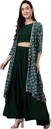 Miniatura 5 de Janasya Indian - Camiseta corta color crepé verde con falda y chaqueta para mujer