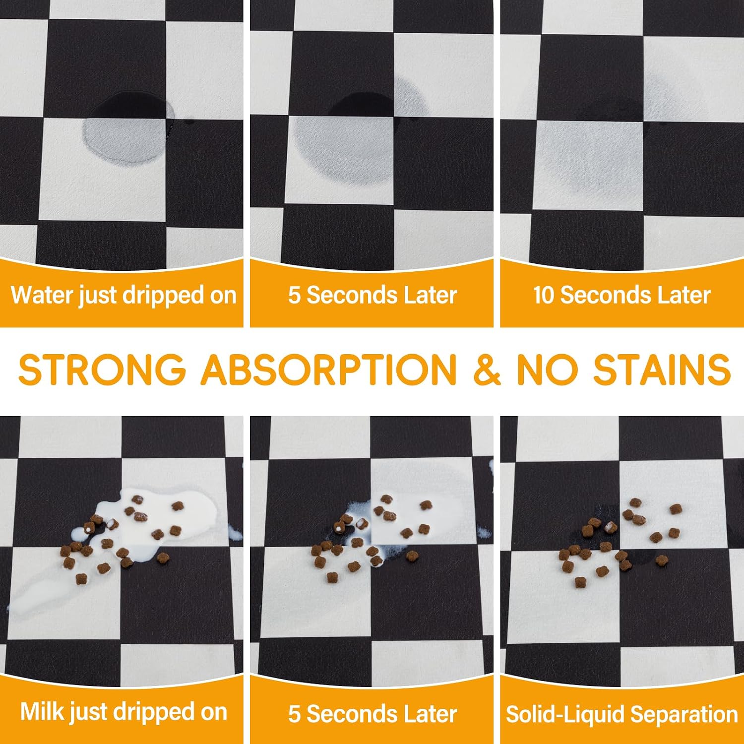 Absorbent Checkered Dog Food Mat, Leakproof Quick-Dry Pet Feeding Mat Cat Food Mat 16" x 24" Black for Food & Water Bowls, Easy-Clean Pet Bowl Mat for Dogs & Cats, Kitchen, Home or RV Use