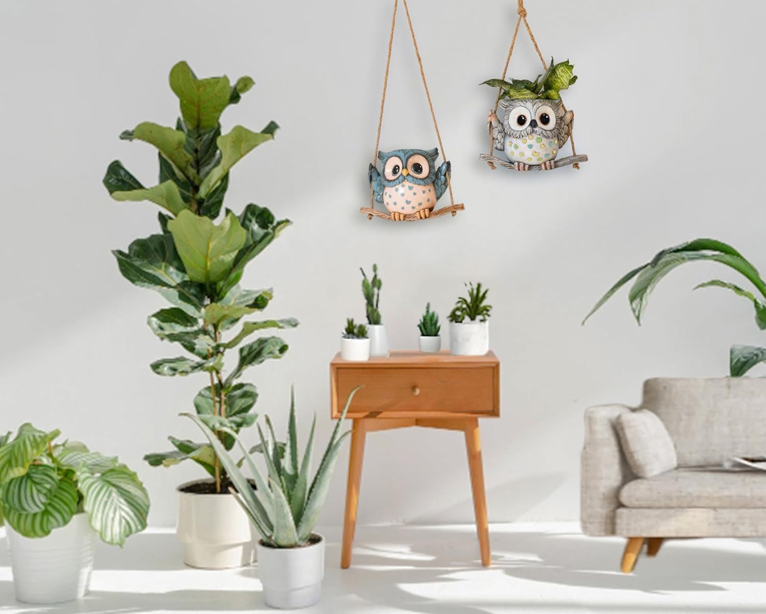 Swing Owl Hanging Planters for Indoor Plants, Cute Small Succulent Pots with Drainage Hole, Unique Resin Plant Hangers Outdoor, Hanging Plant Holder for String Of Pearls, Gift Ideas for Mother