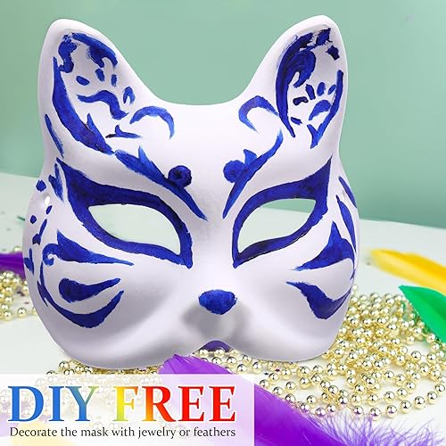 Miniatura 4 de Libima 50 máscaras de papel maché para bricolaje, máscara en blanco de gato y zorro con banda elástica, animal blanco pintable para fiestas de