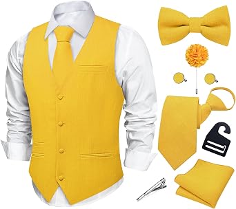 DiBanGu Mens Linen Vest Zipper Tie Set Business Casual