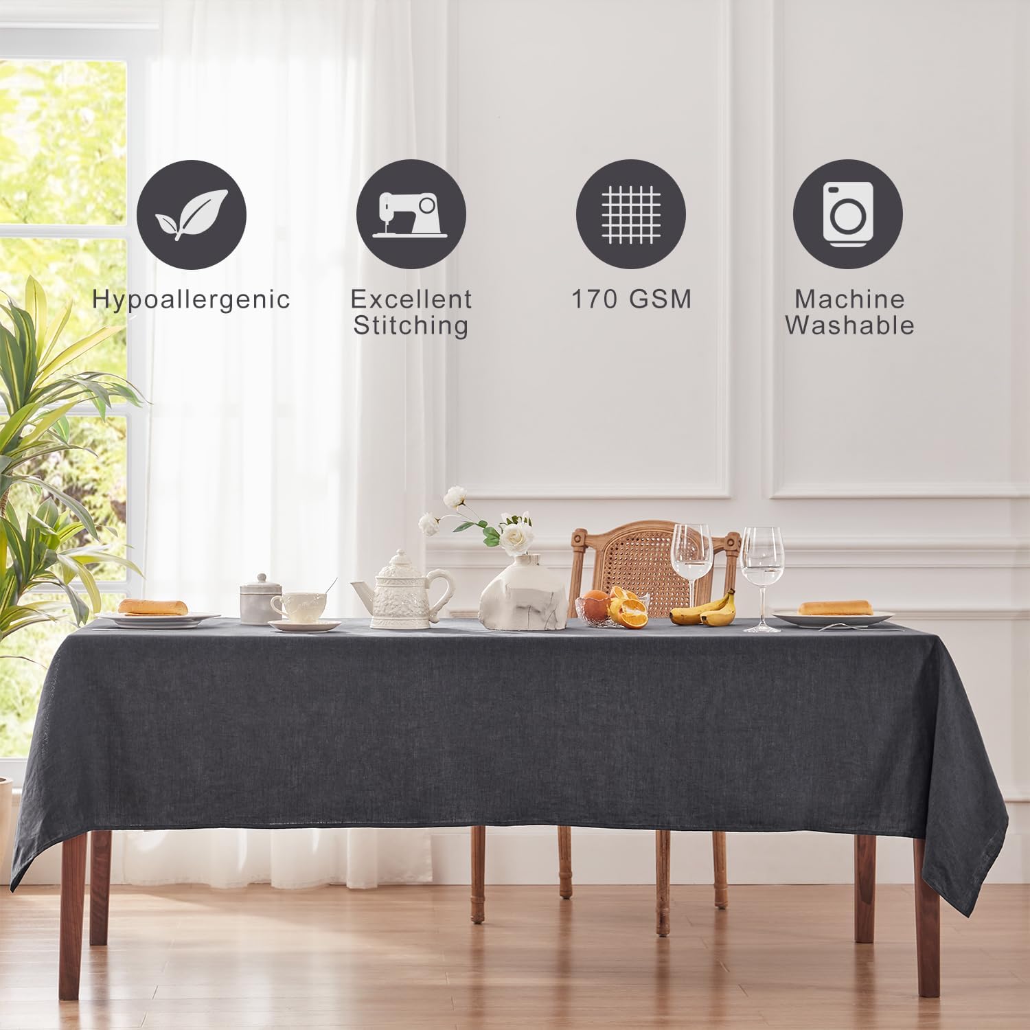 TOSMO 100% French Linen Tablecloth, Washable Farmhouse Rectangle Table Cloth for Kitchen, Dining, Party, Cocktail, Indoor and Outdoor Daily Use(60''x84'',Charcoal Grey)