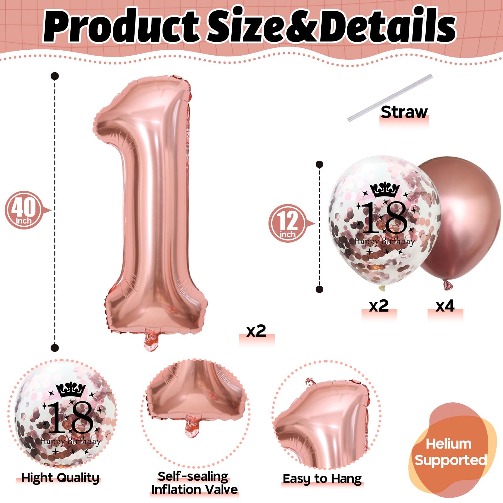 Dekoracje na 18 urodziny dla dziewczynek, balony na 18 urodziny z folią 102 cm cyfra 18 balonów różowe złoto urodziny nadruk balony konfetti metaliczne lateksowe balony zestaw na 18 dekoracji