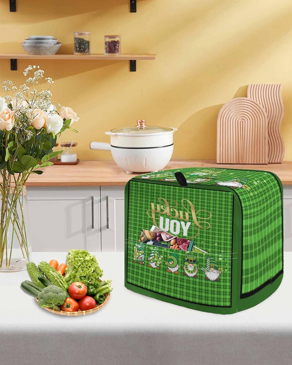 St. Patrick's Day Stand Mixer Cover with Storage Pocket, Waterproof Kitchen Mixer Covers, Lucky Gnomes Shamrock Green Plaid Kitchen Appliance Dust Cover Compatible with 4/4.5 Quart Mixers
