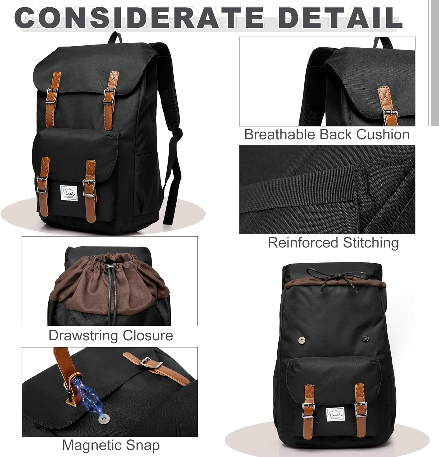 Chase Chic Backpack for Men Women, Vintage Rucksack Bookbag 15.6 inch Fashion Bag Unisex Casual Daypack for Travel,College,Work(Black) - Image 4