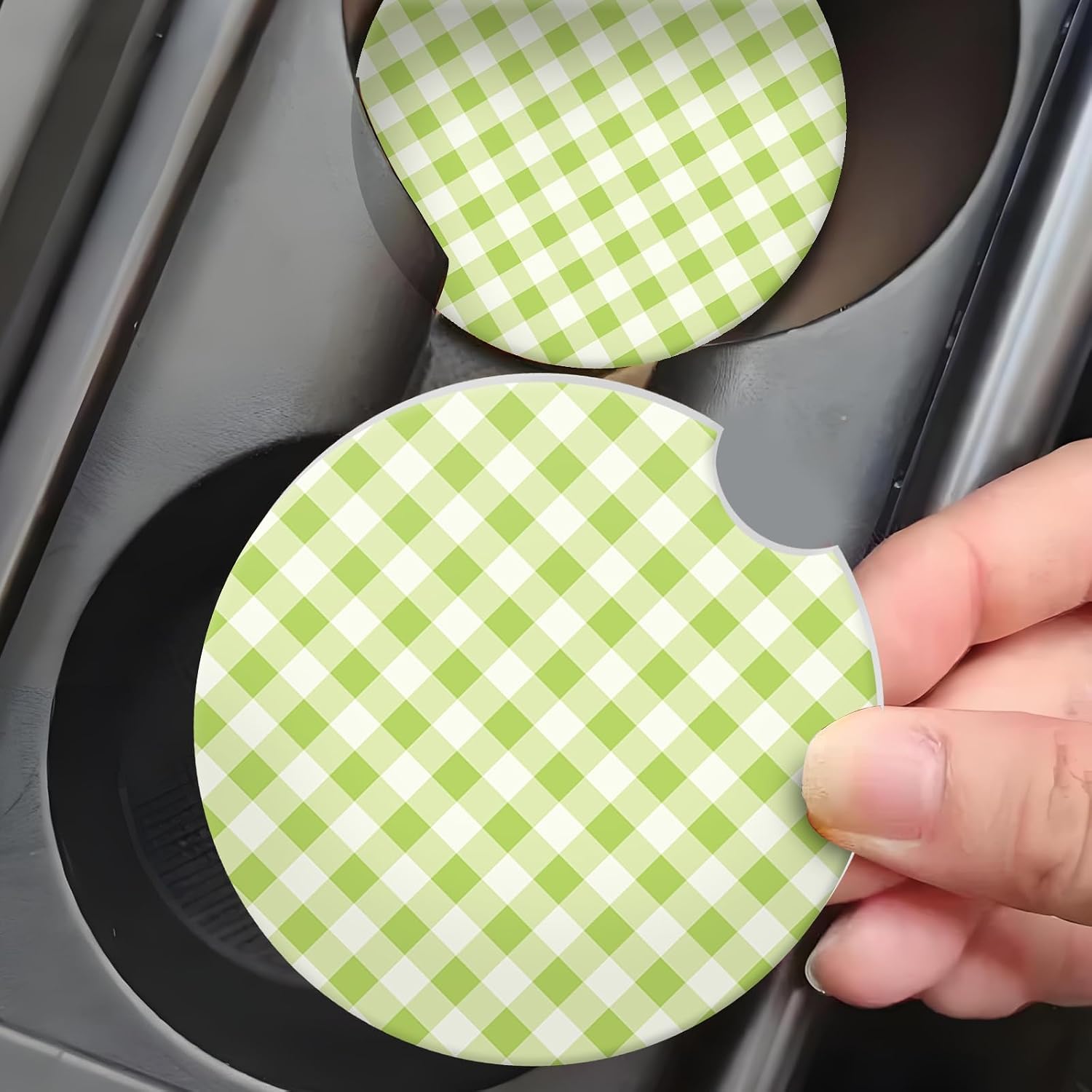 2 Pcs Cute Lime Green Gingham Ceramic Car Coasters for Cup Holders image 3