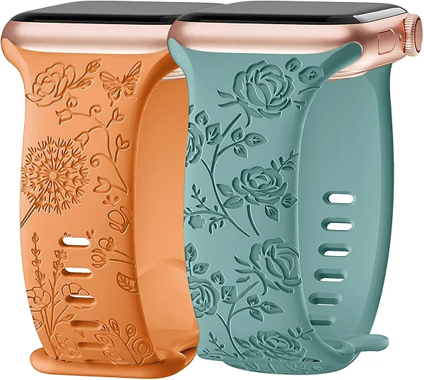 2 Pack Floral Engraved Silicone Bands Compatible with Apple Watch Band 40mm 38mm 44mm 41mm 42mm 45mm 49mm Women,Cute Wildflowers Rose Flower Soft Sport Strap for iWatch Bands Series SE 8 6 5 4 3 Ultra
