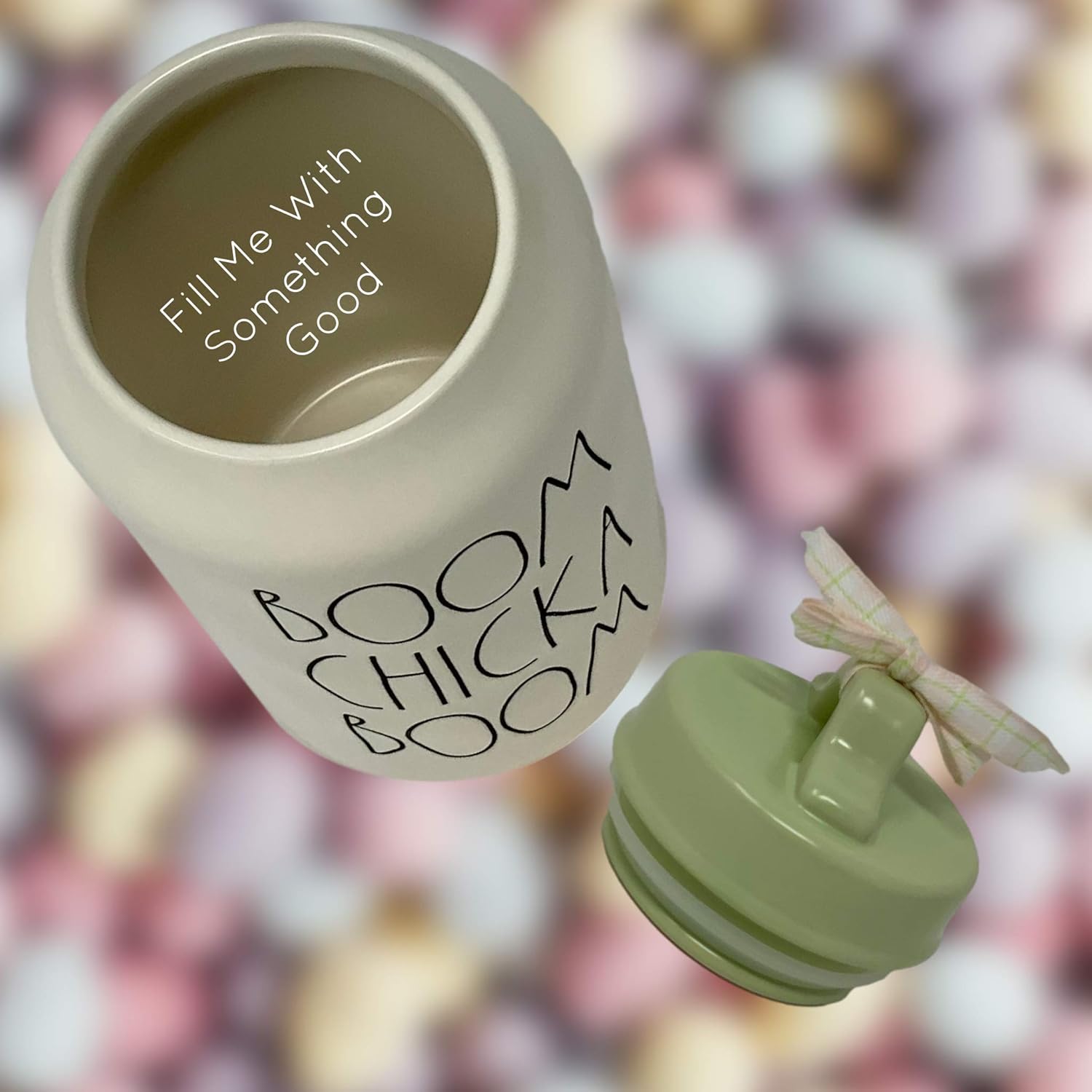 RAE DUNN BOOM CHICKA BOOM EASTER CANISTER - Cookie - Jellybean jar - Artisan Collection by Magenta. A great ceramic storage container for flour, treats, or cookies.