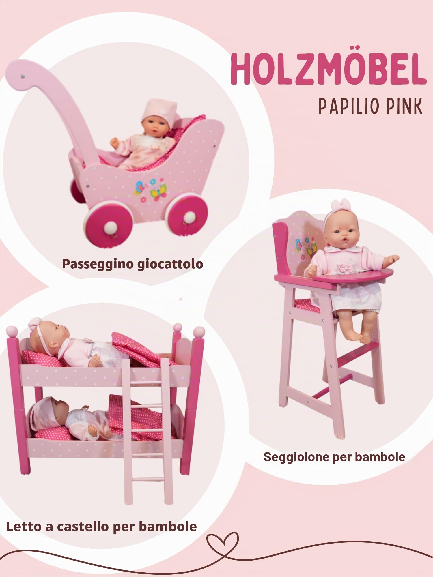Bayer Chic 2000® Lettino per bambole a castello matrimoniale, Papilio rosa, letto a soppalco per bambole con scala e biancheria da letto, per bambole fino a 48 cm, accessori per bambole, letto in