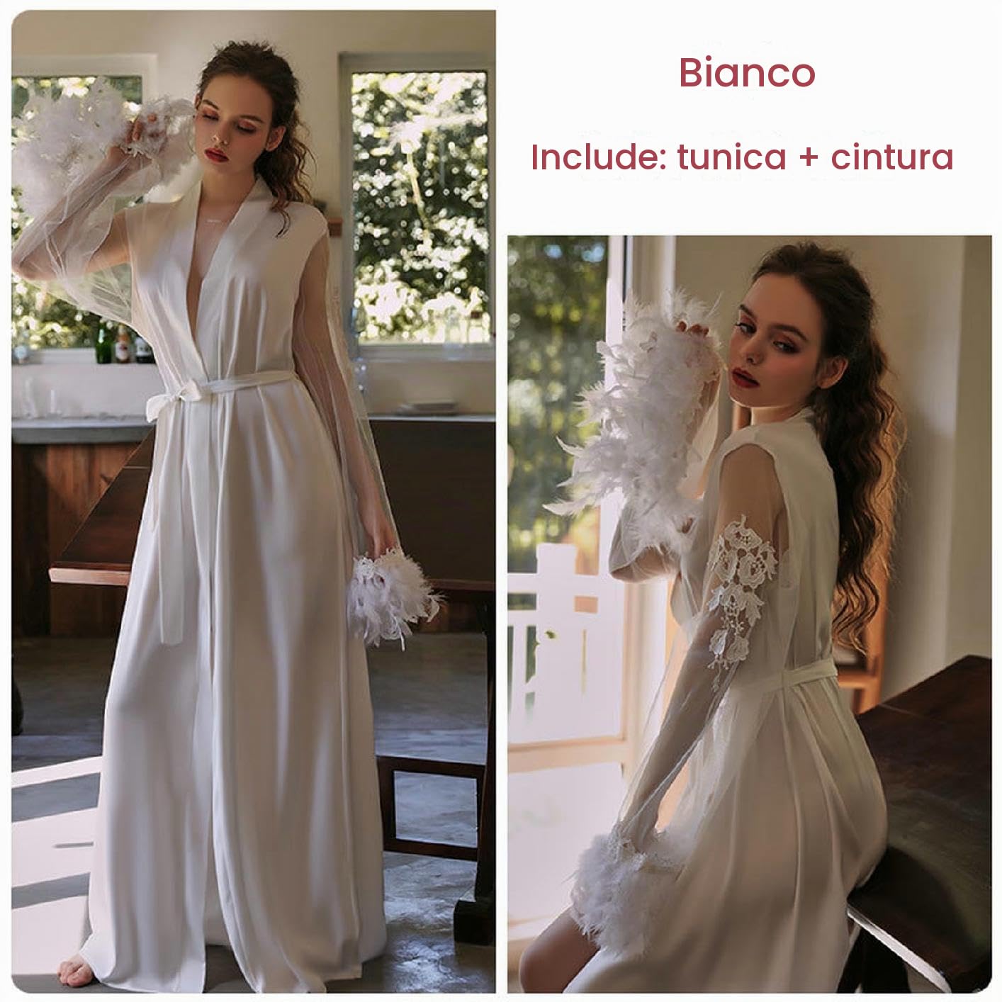 Camicia Notte Donna Pigiama Lungo da Sposa in Raso di Seta Comodo Pigiama A Maniche Lunghe da Donna-Bianco (Versione Lunga della Lunghezza dell'Abbigliamento 155 Cm)-codice Medio