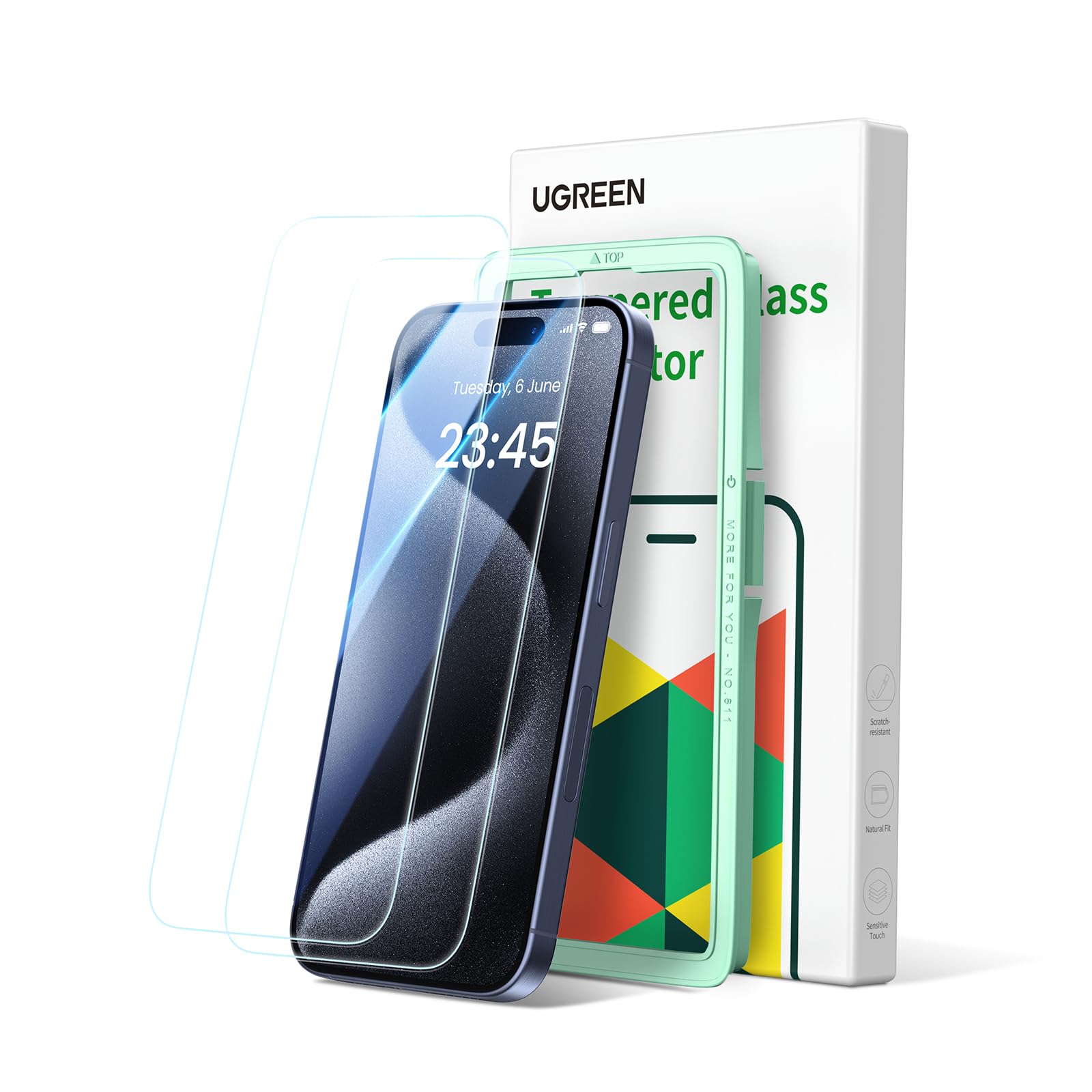 UGREEN 2 Pack Screen Protector for iPhone 15 Pro 6.1 inch HD Clear, 9H Hardness, Anti-scratch, Anti-fingerprint, Ultra Resistant, Tempered Glass Film with Easy-Installation Tool