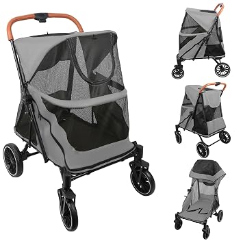Foldable Stroller for Dogs and Cats Storage Basket Cup Holder 300D Oxford Fabric Waterproof 4 Wheels Animals Travel Stroller for Dogs E 60 x 83 x 103 cm - Grey