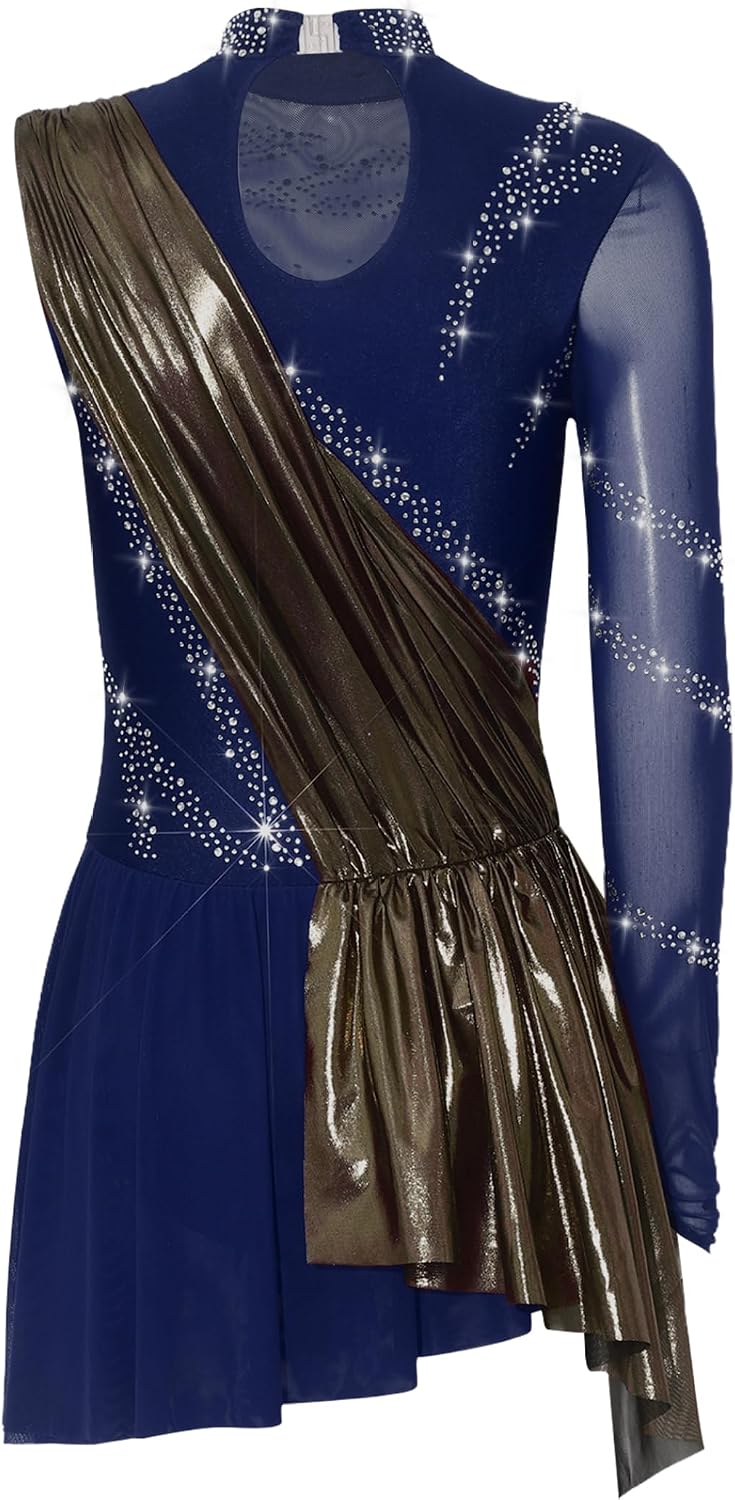 Lyrical Dance Costumes for Women Metallic Ruched Figure Skating Dress Rhinestone Ballet Dancewear