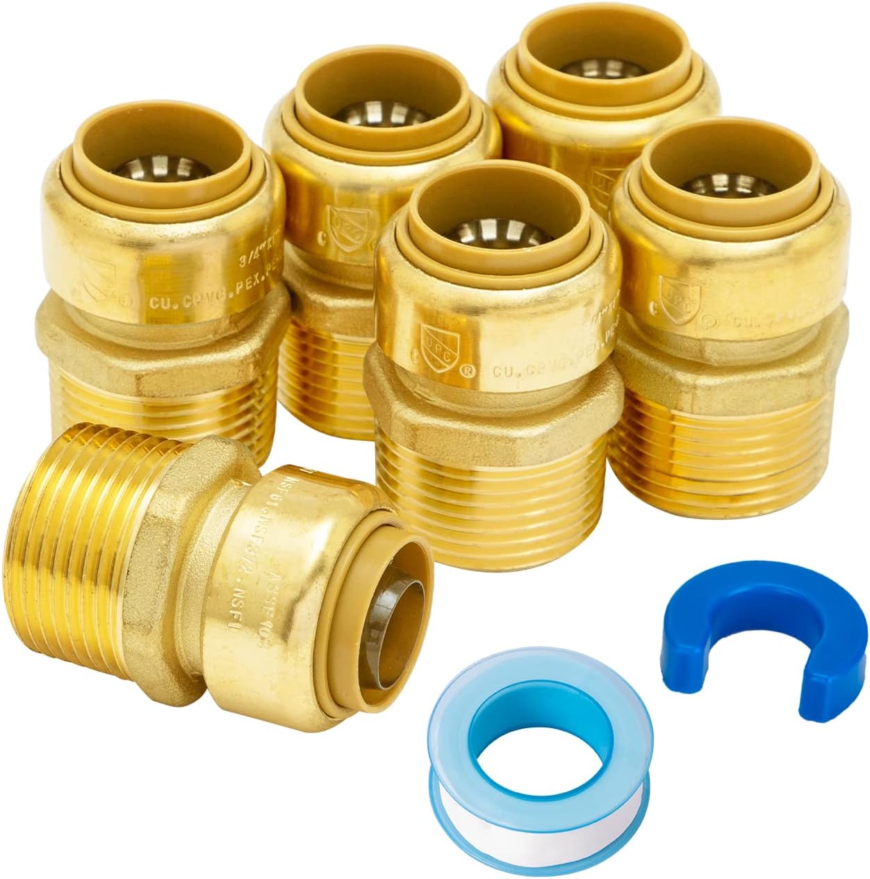 SUNGATOR Reducing Male Adapter, 1 Inch Pushfit x 3/4 Inch MNPT Adapter, No Lead Brass Push-to-Connect Plumbing Fitting for PEX Pipe, Copper, CPVC, With 1 Disconnect Clip and 1 Sealing Tape, Pack of 3